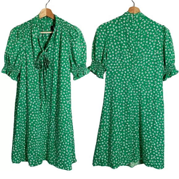 DKNY Puff Sleeve Front Print Tie Neck Mini Swing Dress Women's 6 Green Chiffon - Picture 6 of 7